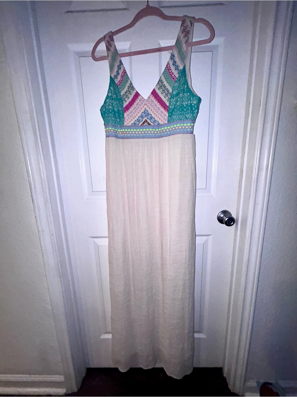 Flying Tomato Cream Maxi Dress with Teal and Pink Patterned Bodice